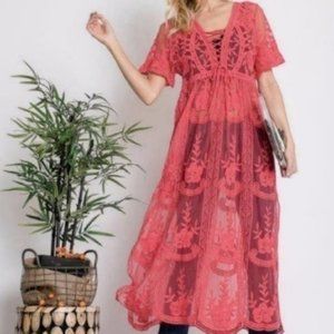 Bohemian Eyelet Sheer Cover Up Lace Maxi Dress Women's Size Large